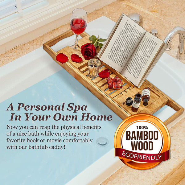 Expandable Bamboo Bath Caddy (Book, Phone, Wineglass Holder)